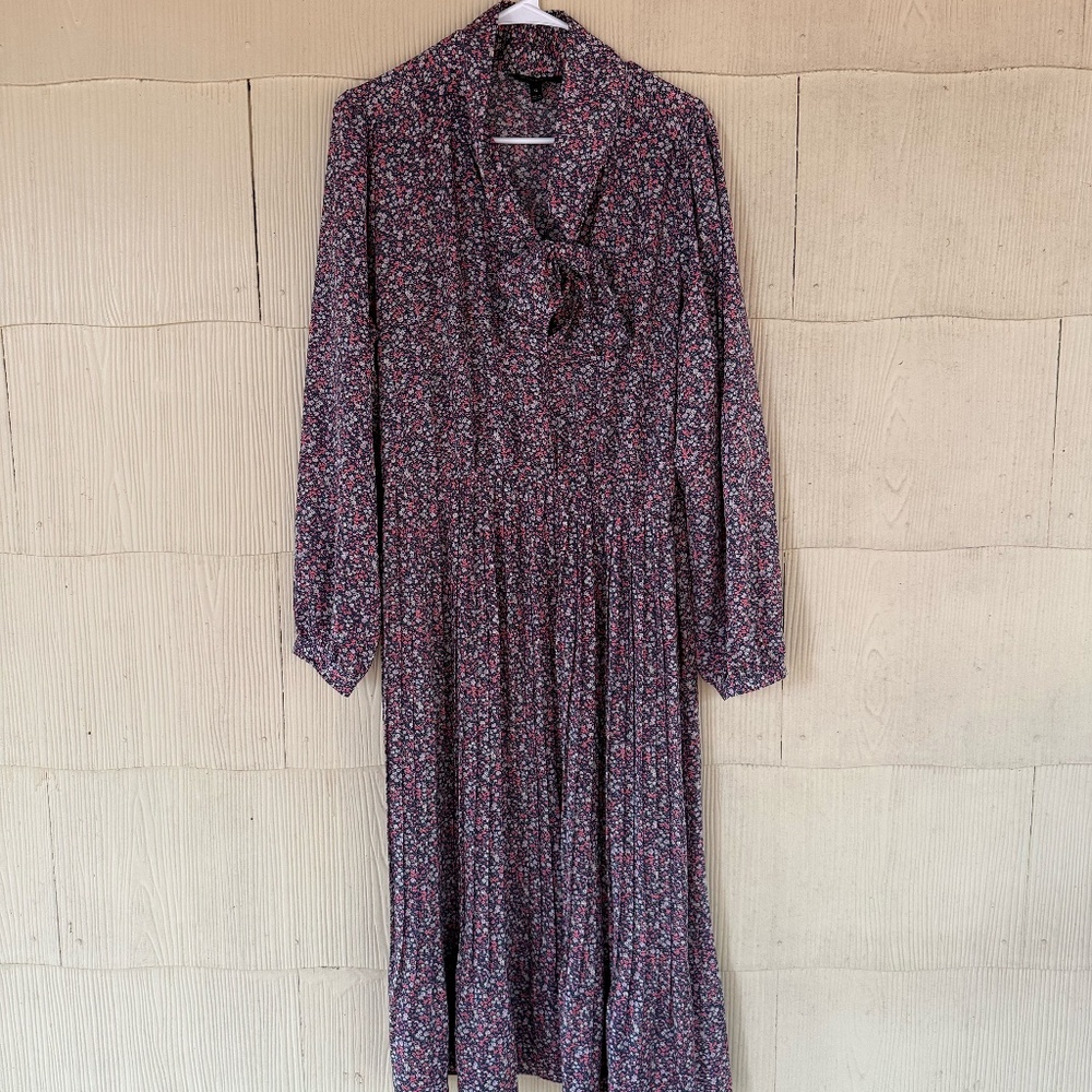 Banana Republic Tie Neck Pleated Midi Dress In Pink Multi Color